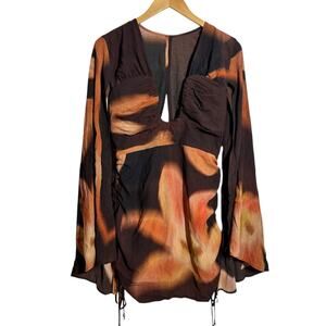 The Wolf Gang Zoya Mini Revolve Dress M Brown Orange Floral 70s Club Party Boho
